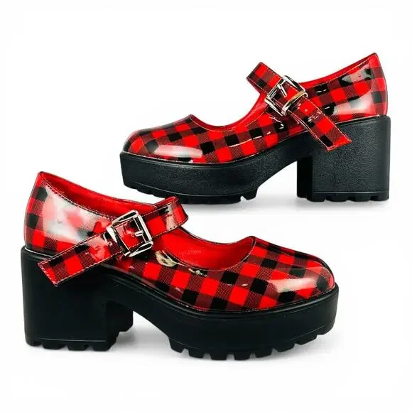 Koi Footwear Red Black Plaid Platform Mary Jane Chunky Lug Heel Size EU 36 - Picture 8 of 8